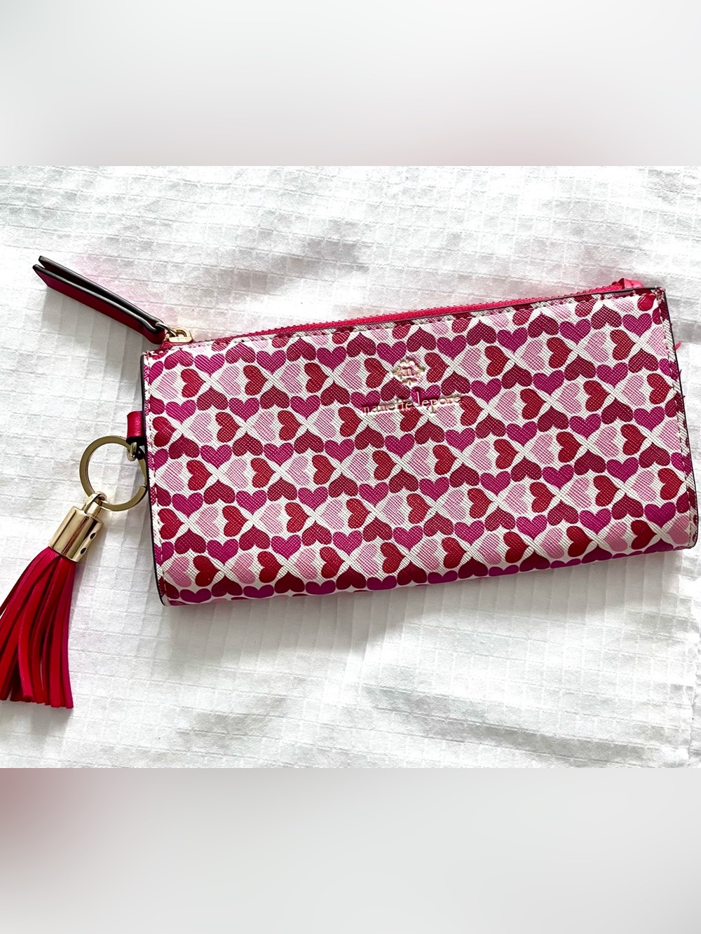 New Nanette Lepore Pink/Red Heart-Print Zip Storage Pouch-Hanging Tassel - 8x4
